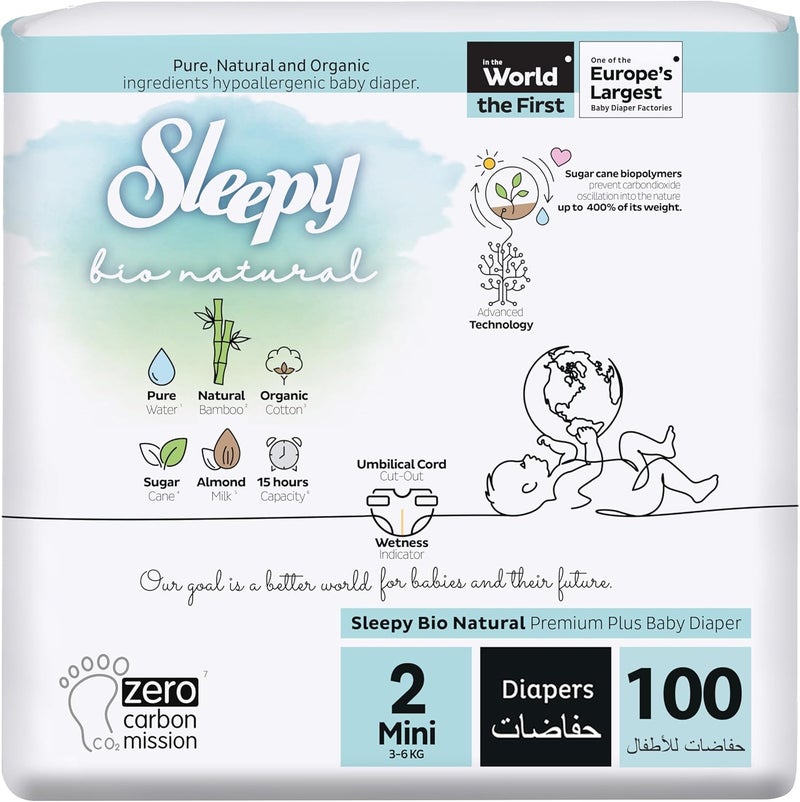 Sleepy Bio Natural Premium Size 2 Diapers | 100 Count | Hypoallergenic Baby Diapers for 3-6Kg - Image 1